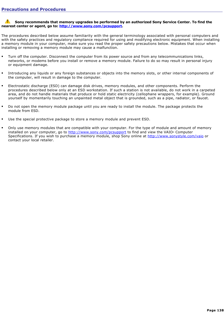 Precautions and procedures, Also, read the safety information in, Before you upgrade your computer's memory | Sony PCG-K33 User Manual | Page 138 / 151