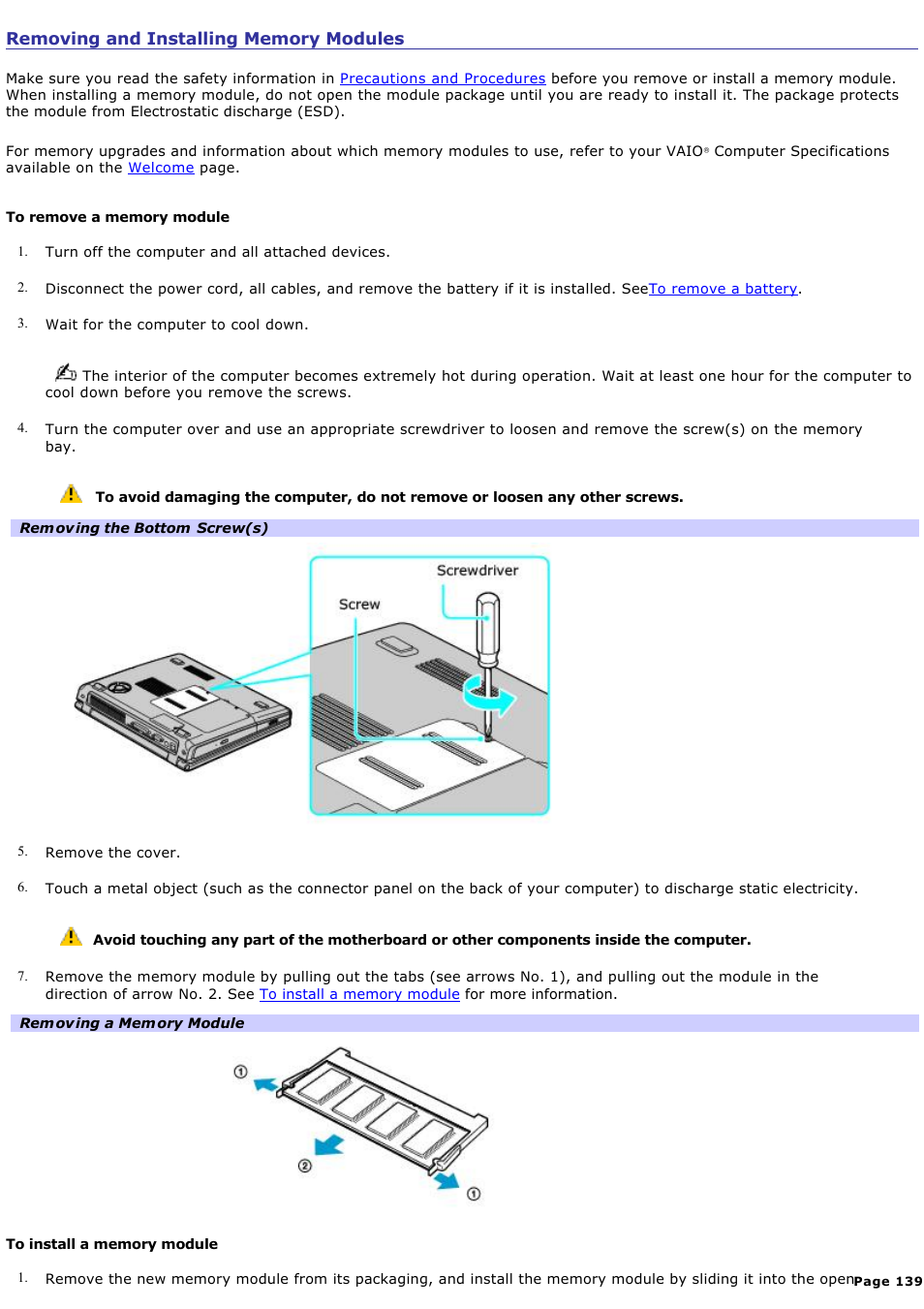 Removing and installing memory modules | Sony PCG-K33 User Manual | Page 139 / 151