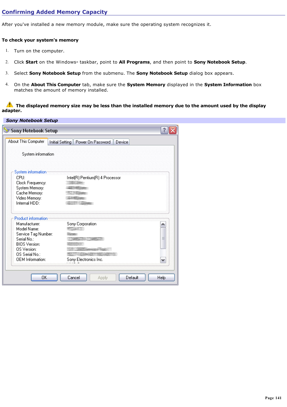 Confirming added memory capacity | Sony PCG-K33 User Manual | Page 141 / 151