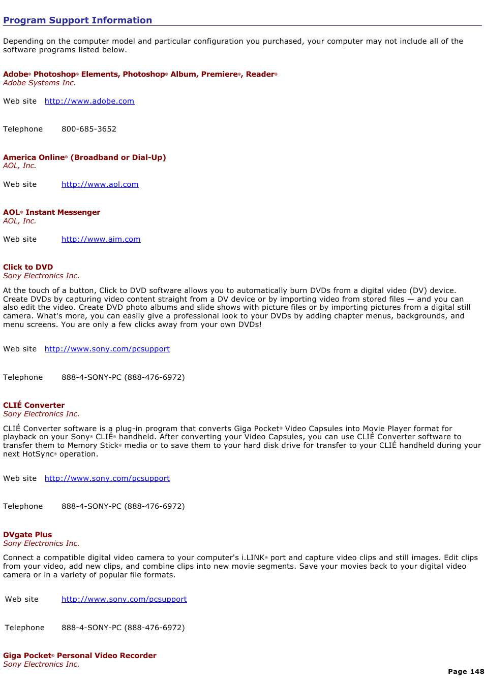 Program support information | Sony PCG-K33 User Manual | Page 148 / 151