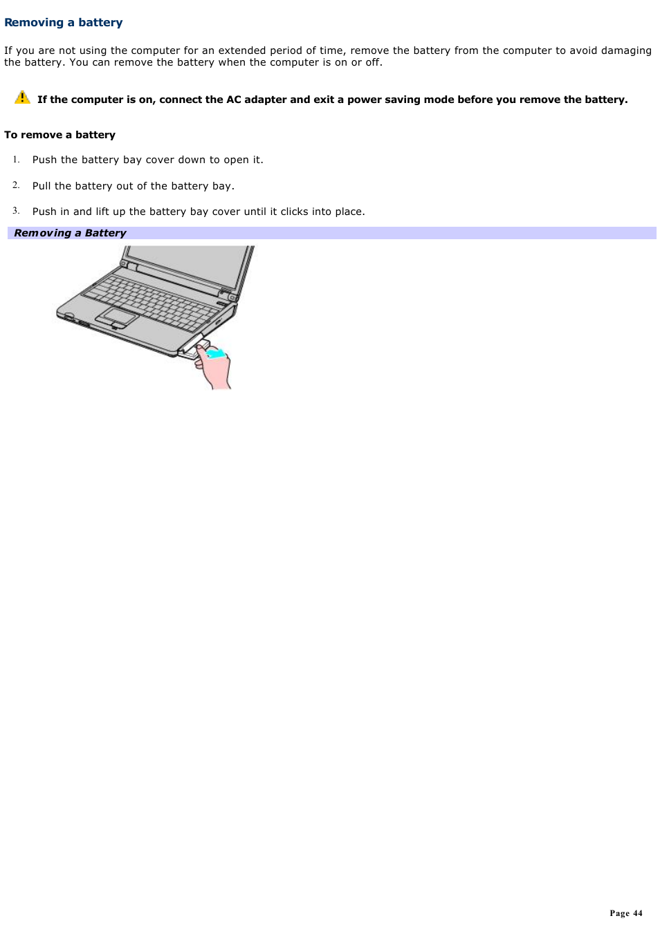 Removing a battery | Sony PCG-K33 User Manual | Page 44 / 151