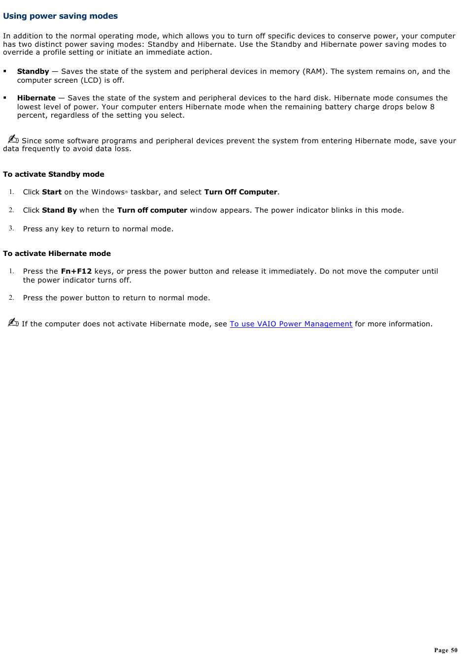 Using power saving modes | Sony PCG-K33 User Manual | Page 50 / 151