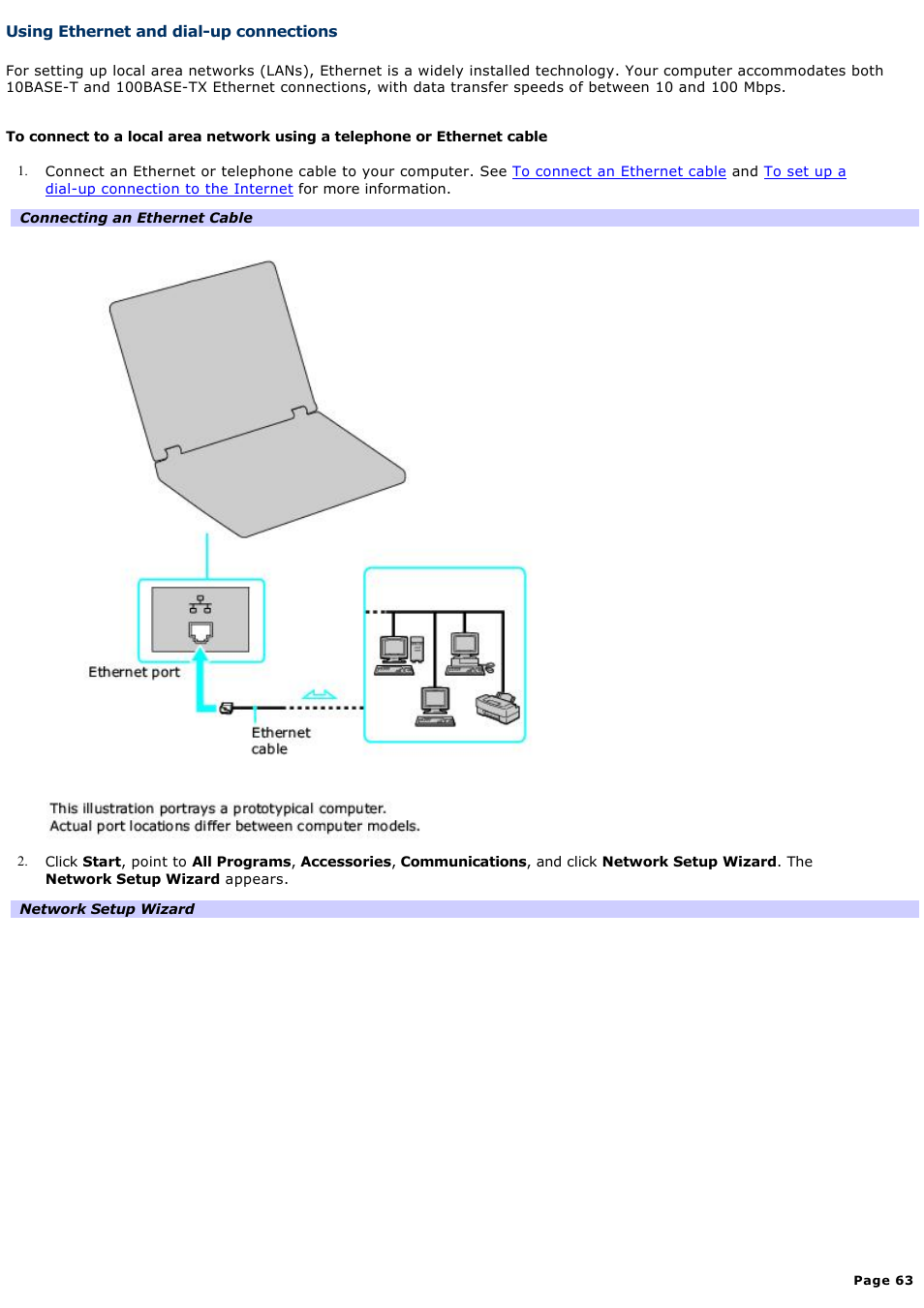 Using ethernet and dial-up connections | Sony PCG-K33 User Manual | Page 63 / 151