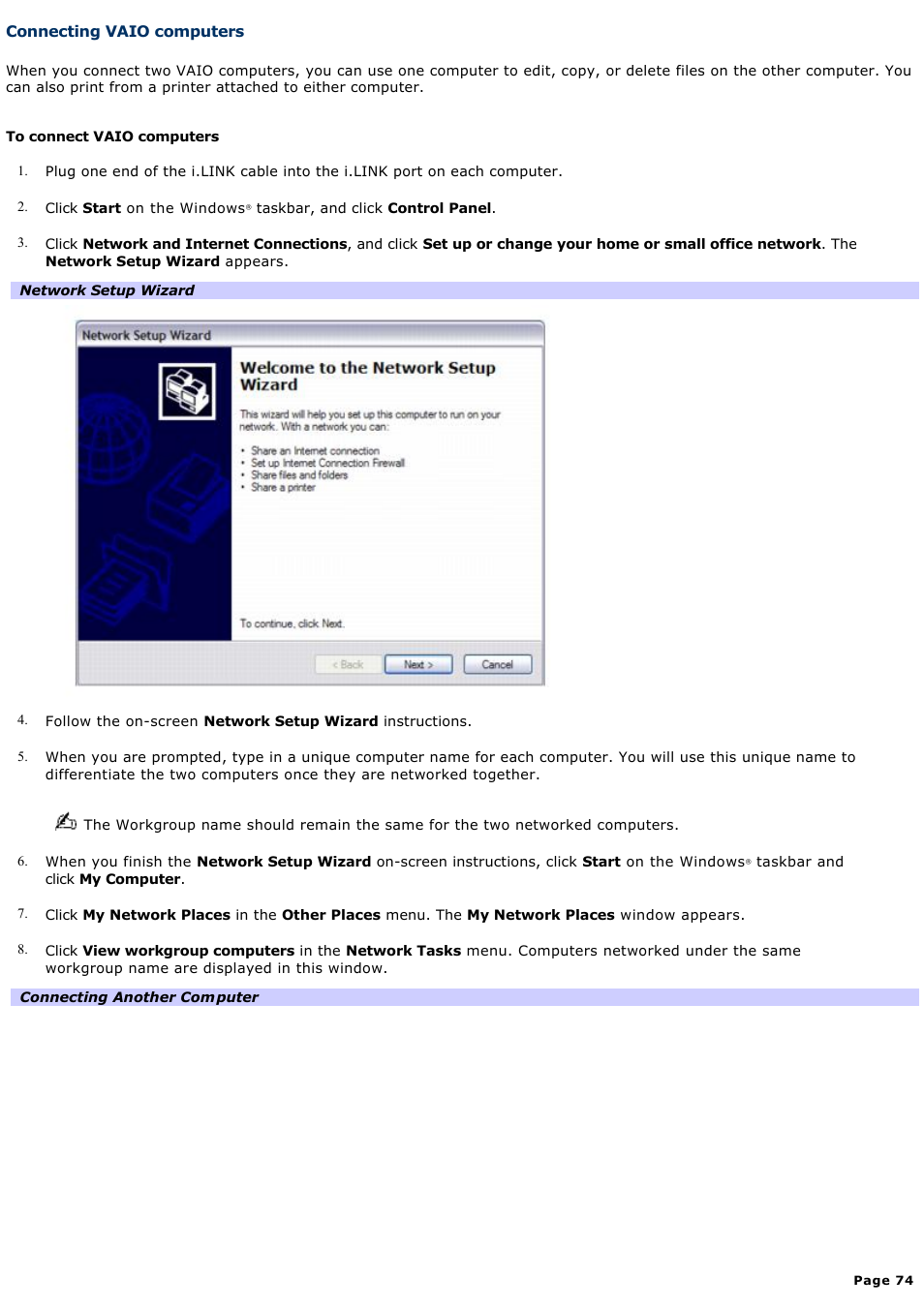 Connecting vaio computers | Sony PCG-K33 User Manual | Page 74 / 151