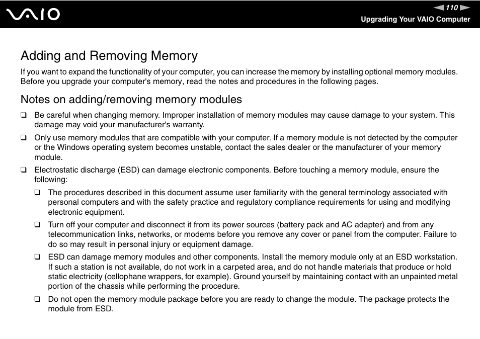 Adding and removing memory | Sony VGN-FW190U User Manual | Page 110 / 195