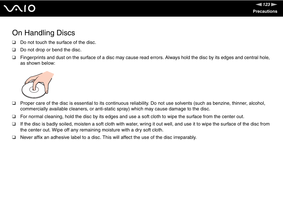 On handling discs | Sony VGN-FW190U User Manual | Page 123 / 195