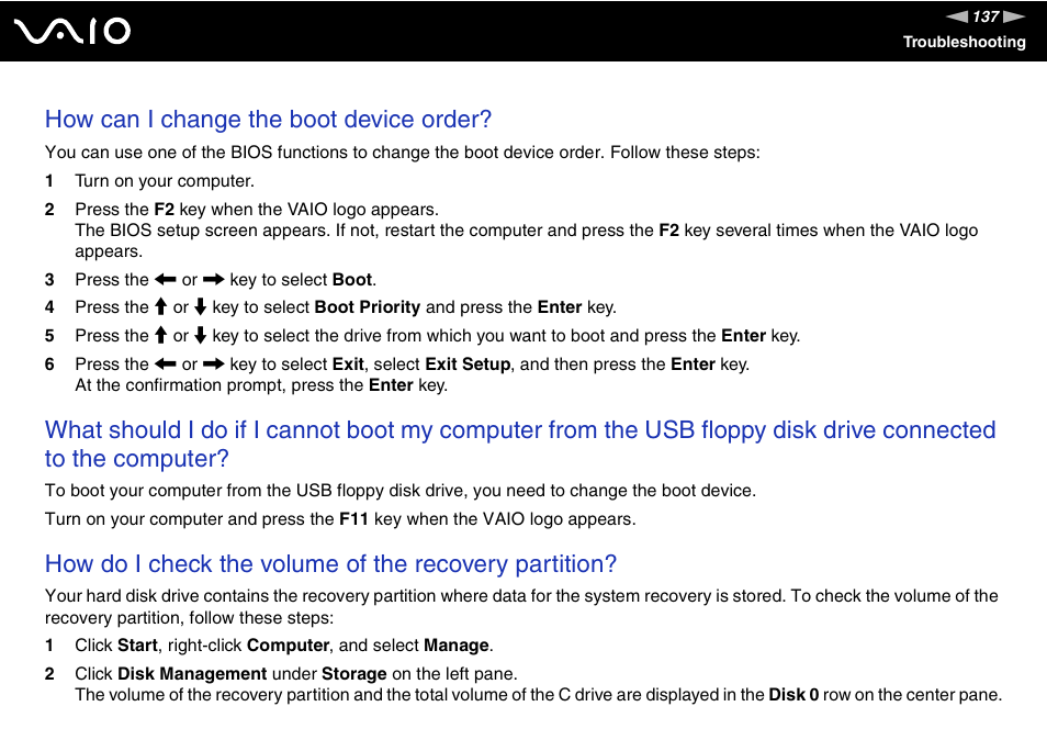 How can i change the boot device order | Sony VGN-FW190U User Manual | Page 137 / 195