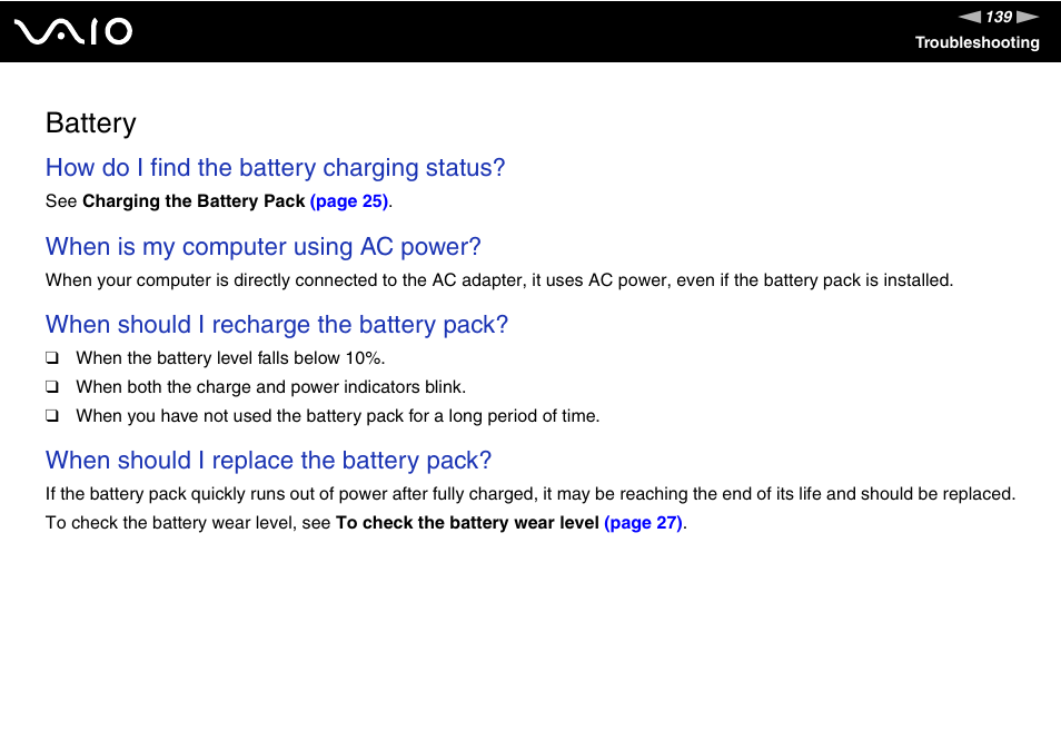 Battery, How do i find the battery charging status, When is my computer using ac power | When should i recharge the battery pack, When should i replace the battery pack | Sony VGN-FW190U User Manual | Page 139 / 195