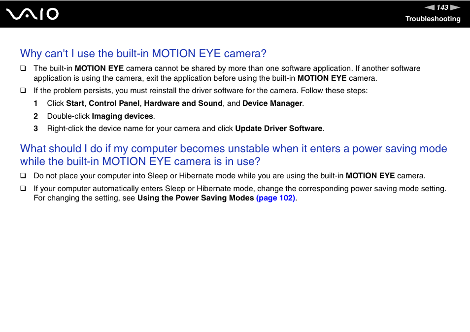 Why can't i use the built-in motion eye camera | Sony VGN-FW190U User Manual | Page 143 / 195