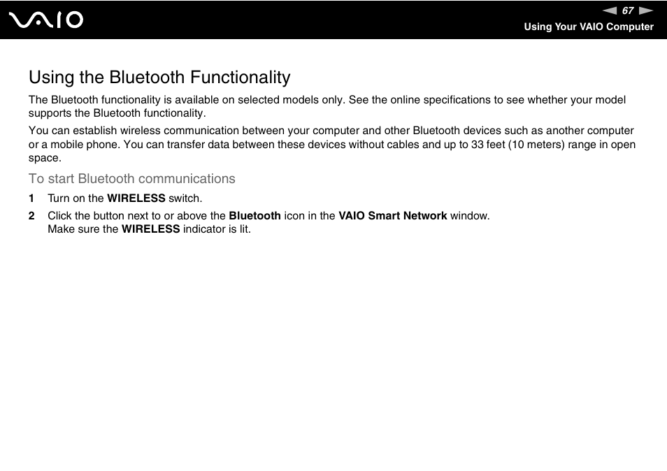 Using the bluetooth functionality | Sony VGN-FW190U User Manual | Page 67 / 195