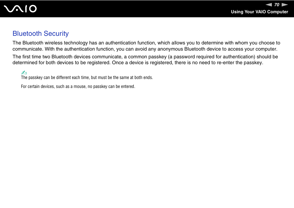 Bluetooth security | Sony VGN-FW190U User Manual | Page 70 / 195