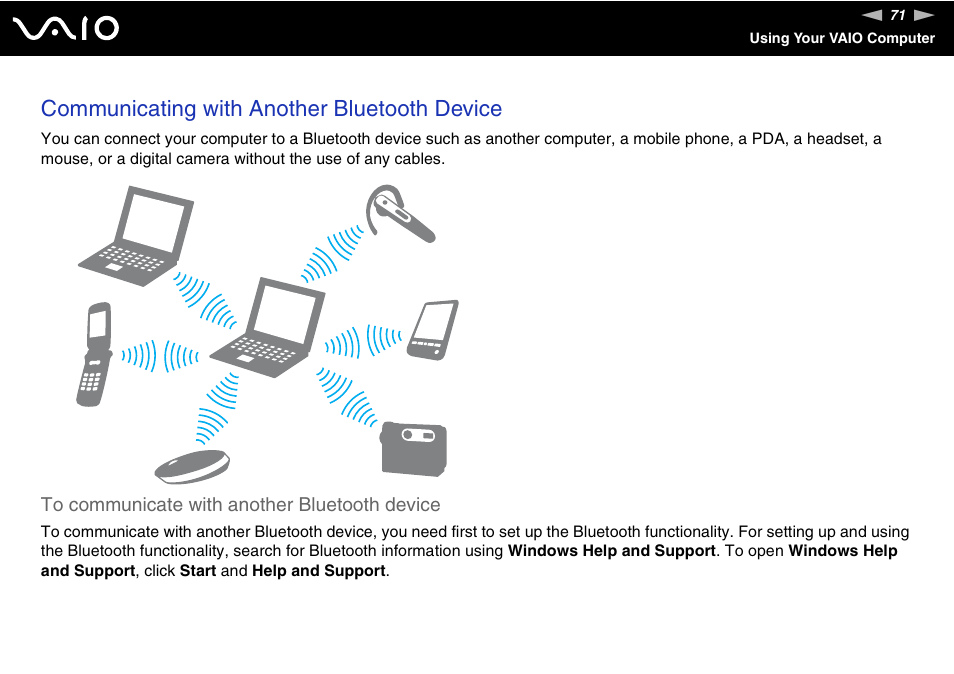 Communicating with another bluetooth device | Sony VGN-FW190U User Manual | Page 71 / 195