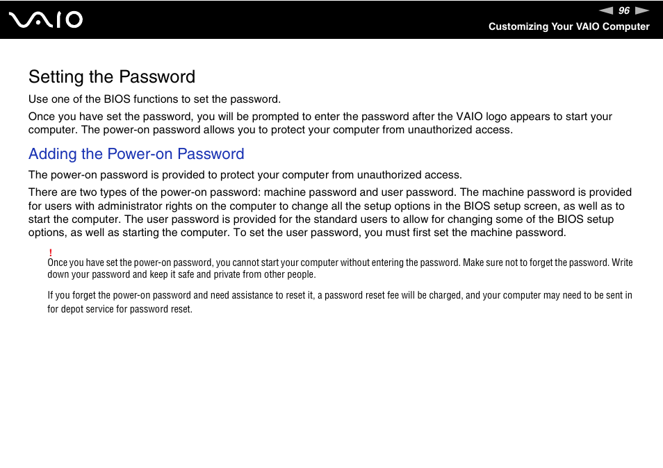 Setting the password, Adding the power-on password | Sony VGN-FW190U User Manual | Page 96 / 195
