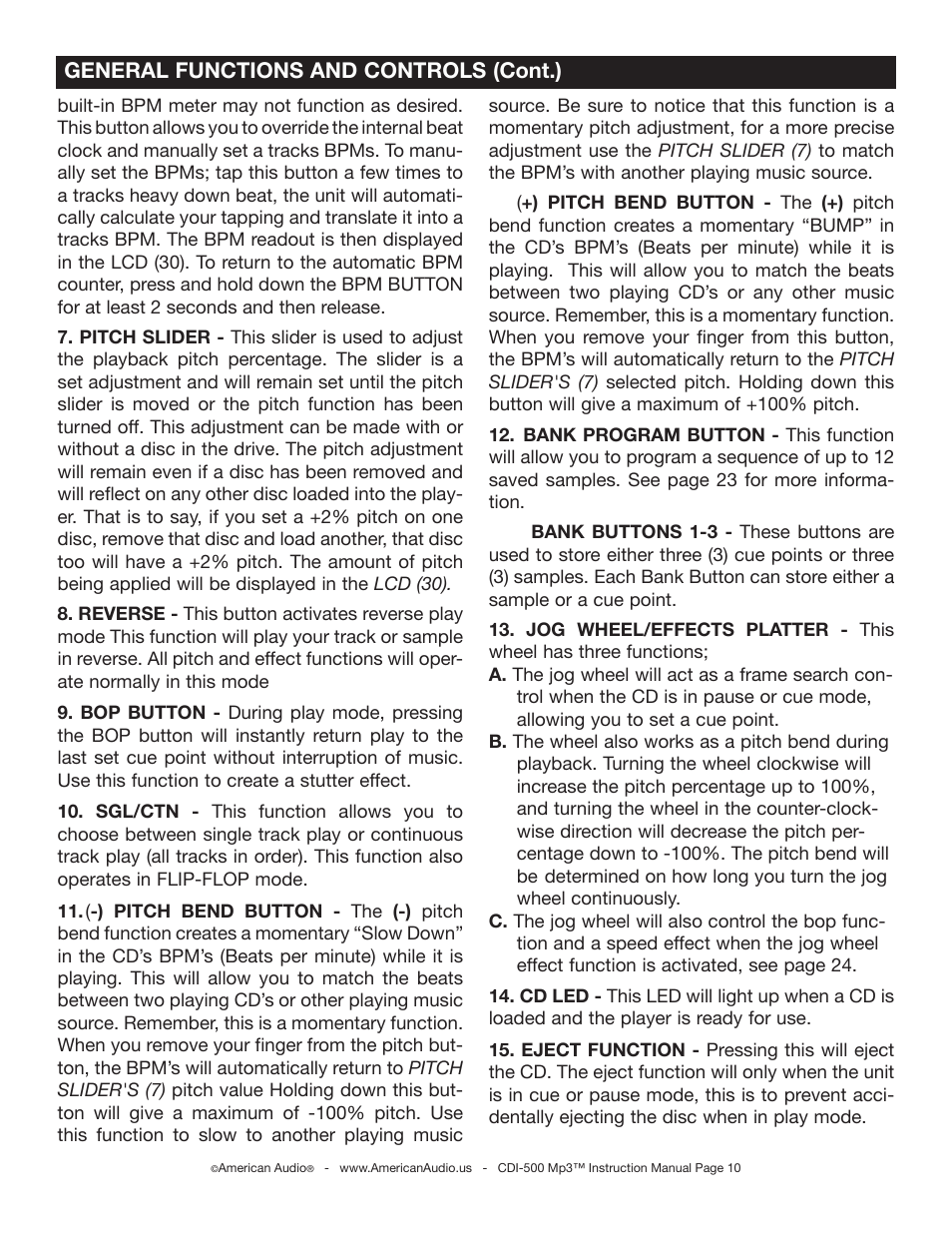 General functions and controls (cont.) | American Audio CDI-500 User Manual | Page 10 / 38