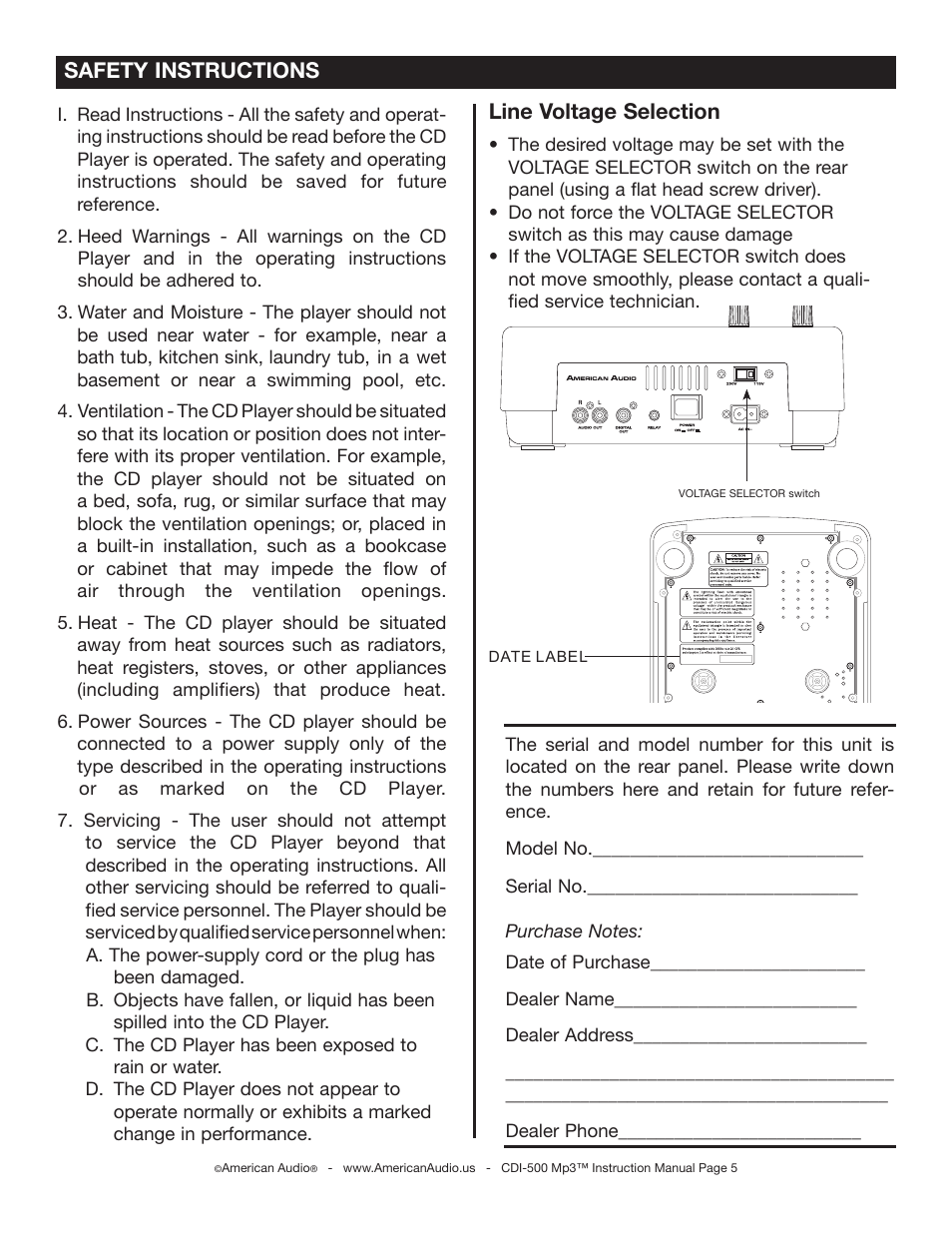 Safety instructions line voltage selection | American Audio CDI-500 User Manual | Page 5 / 38