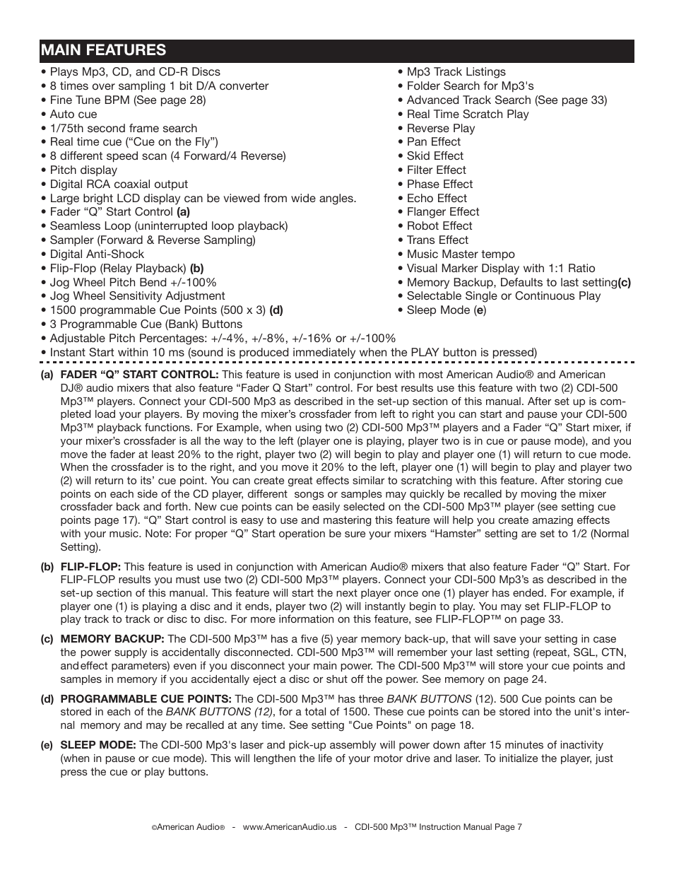 Main features | American Audio CDI-500 User Manual | Page 7 / 38