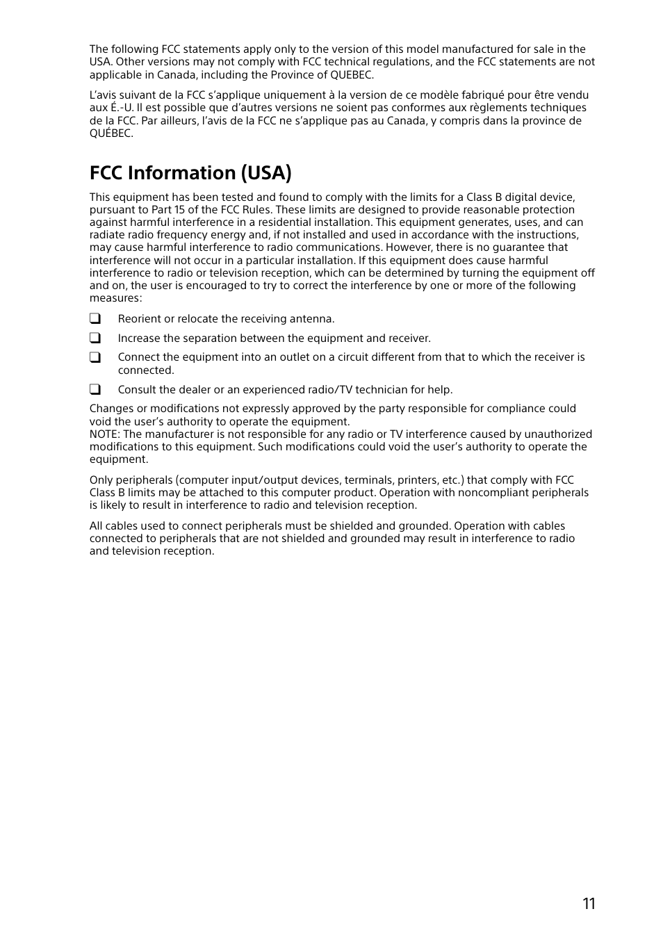 Fcc information (usa) | Sony SVE15122CXP User Manual | Page 11 / 36