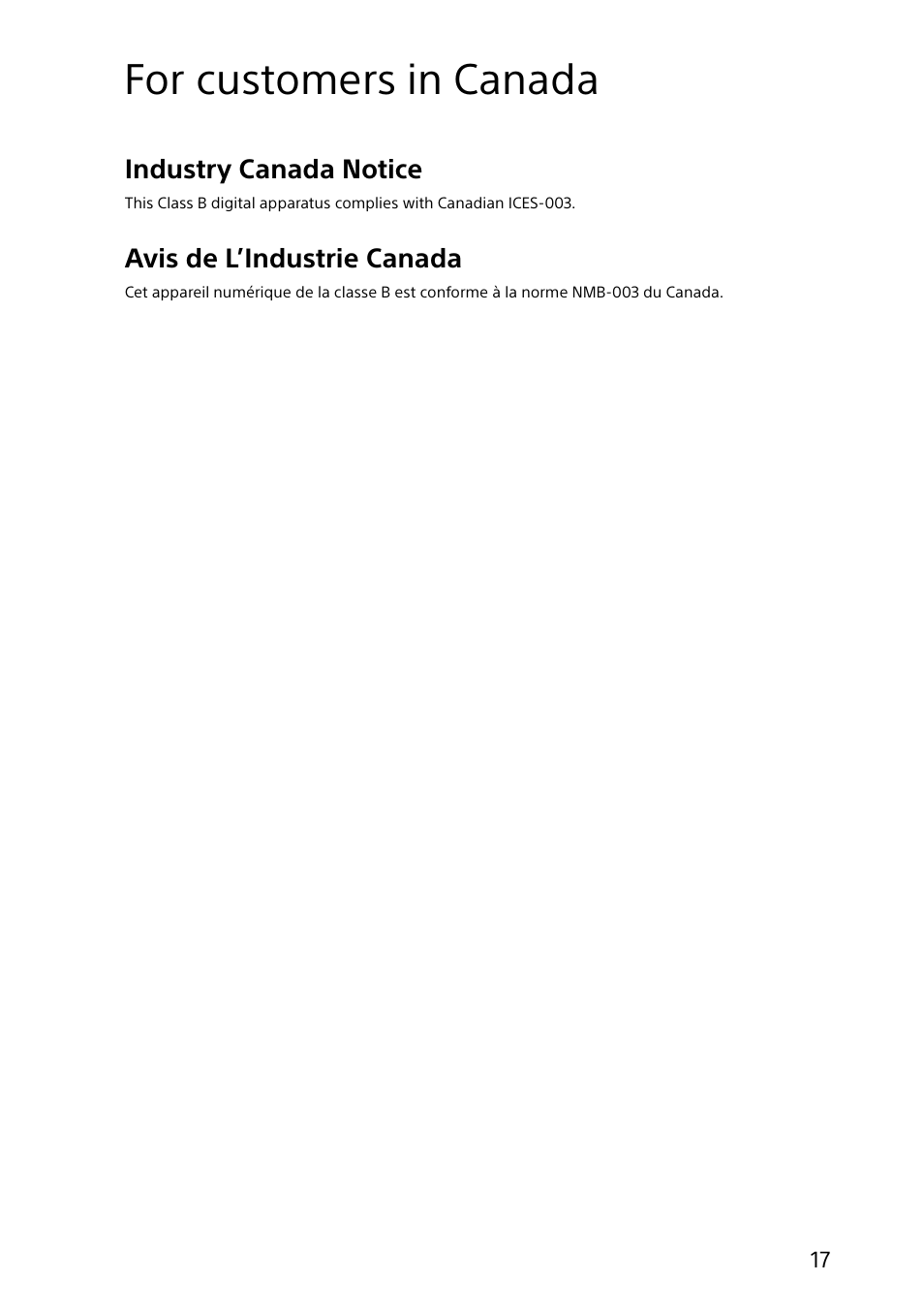 For customers in canada, Industry canada notice, Avis de l’industrie canada | Sony SVE15122CXP User Manual | Page 17 / 36