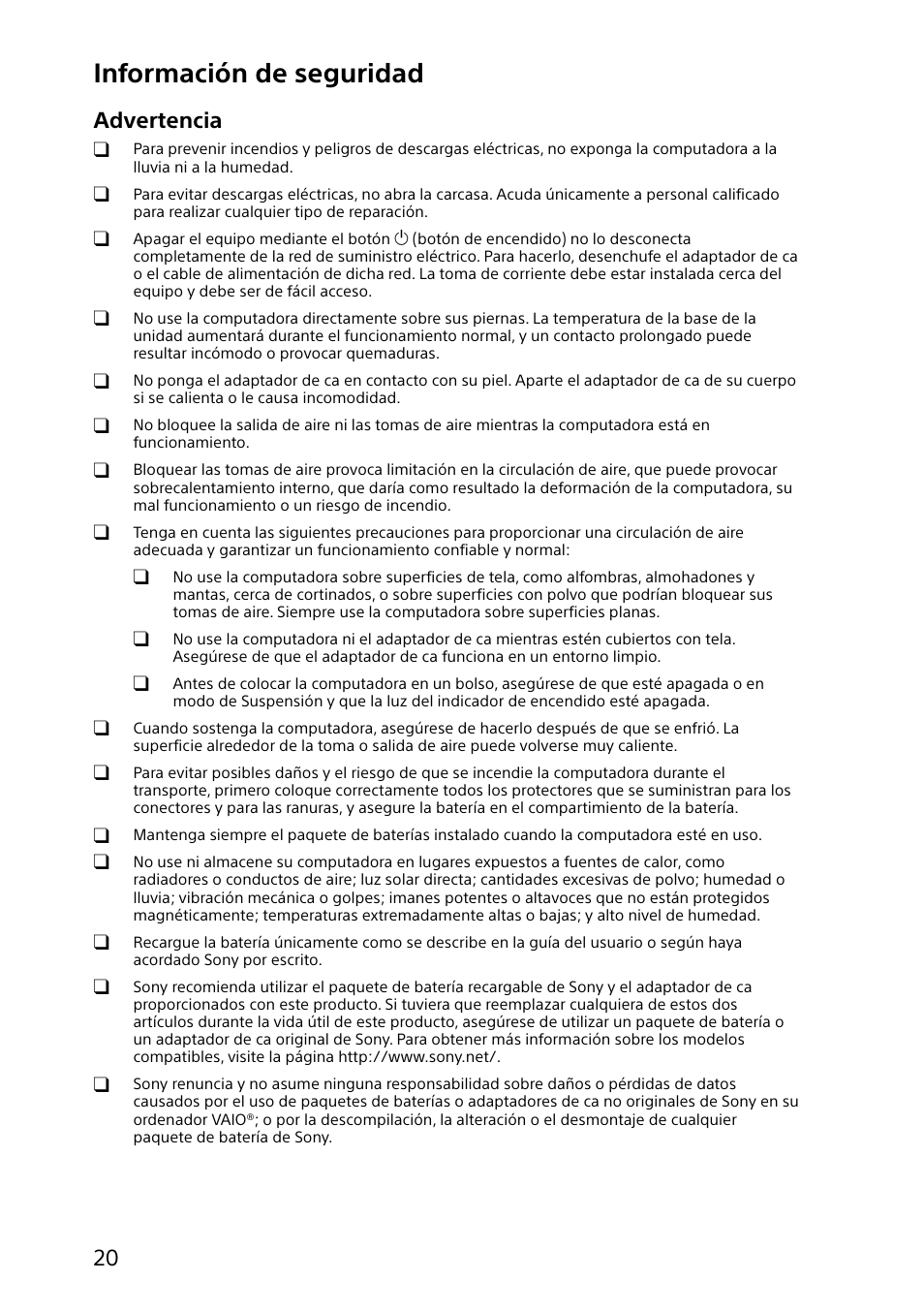 Información de seguridad, Advertencia | Sony SVE15122CXP User Manual | Page 20 / 36