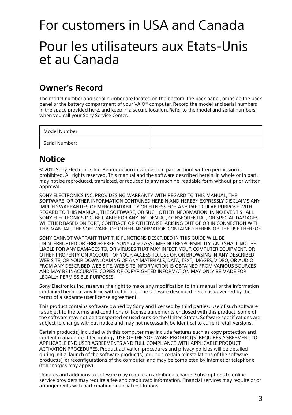 Owner’s record, Notice | Sony SVE15122CXP User Manual | Page 3 / 36