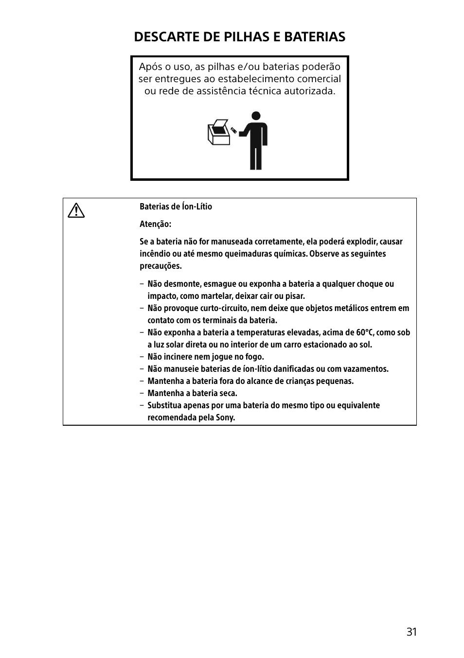 Descarte de pilhas e baterias | Sony SVE15122CXP User Manual | Page 31 / 36
