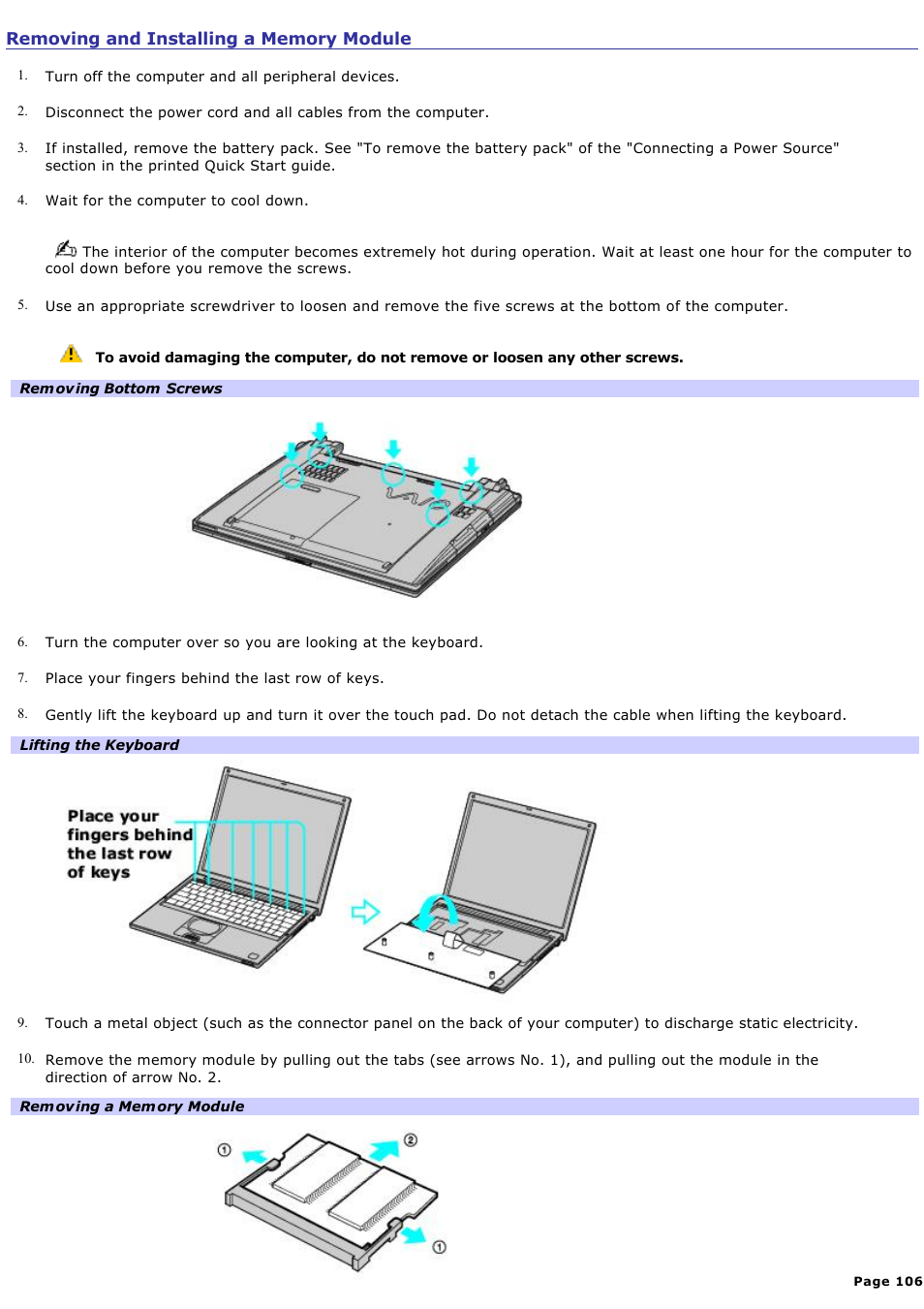 Removing and installing a memory module | Sony PCG-VX88 User Manual | Page 106 / 184