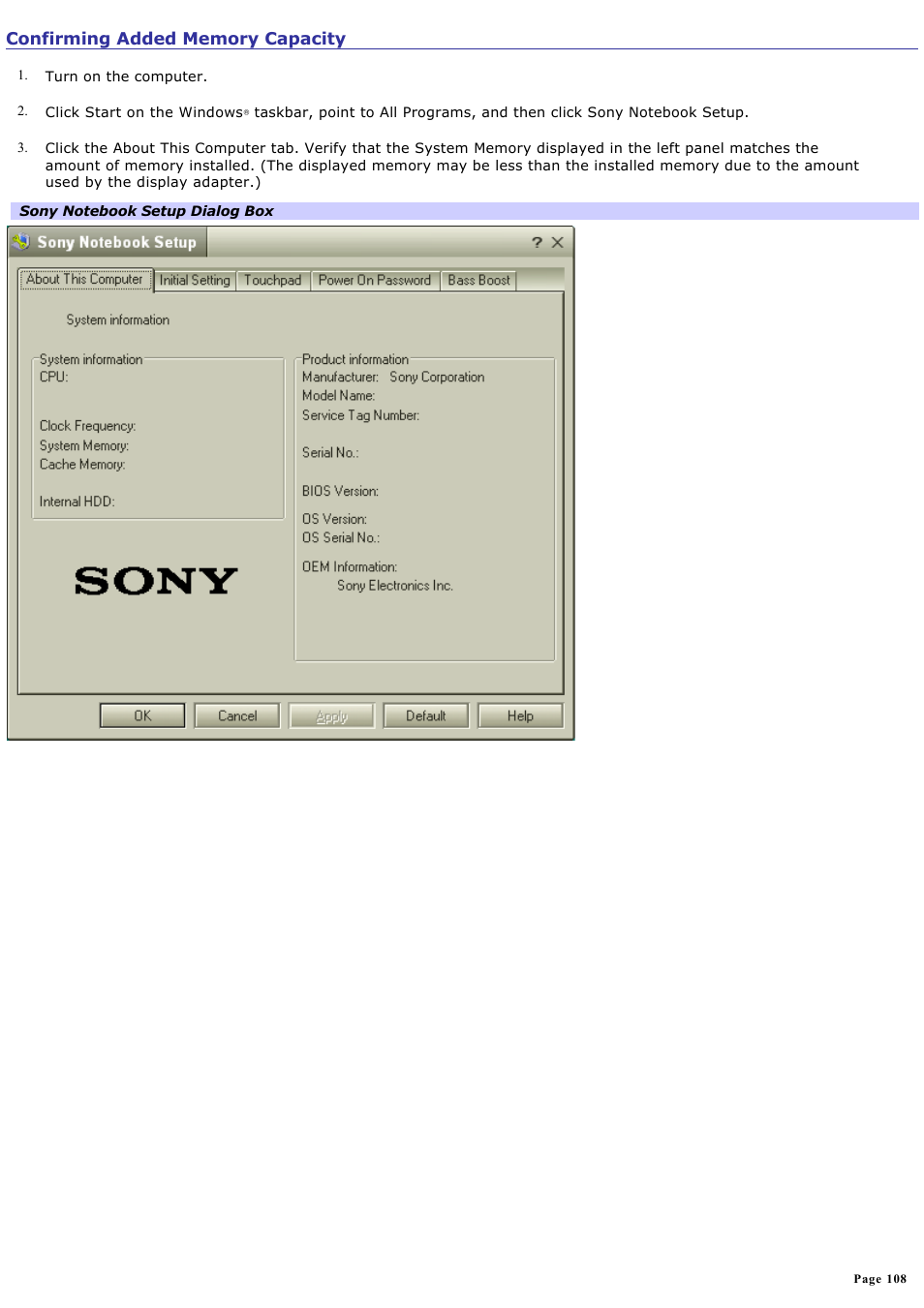 Confirming added memory capacity | Sony PCG-VX88 User Manual | Page 108 / 184