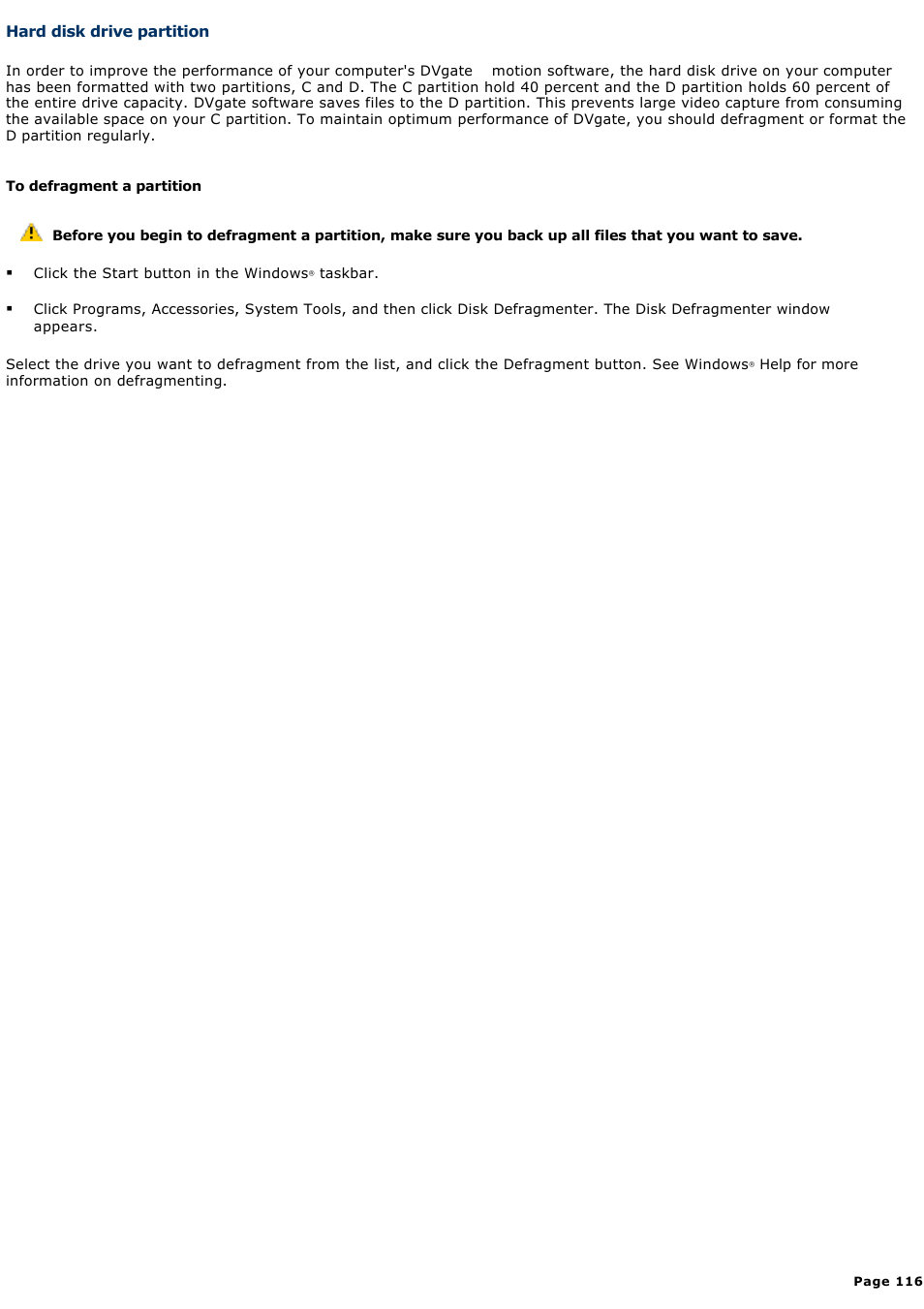 Hard disk drive partition | Sony PCG-VX88 User Manual | Page 116 / 184