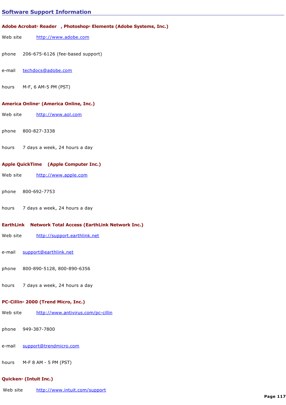 Software support information | Sony PCG-VX88 User Manual | Page 117 / 184