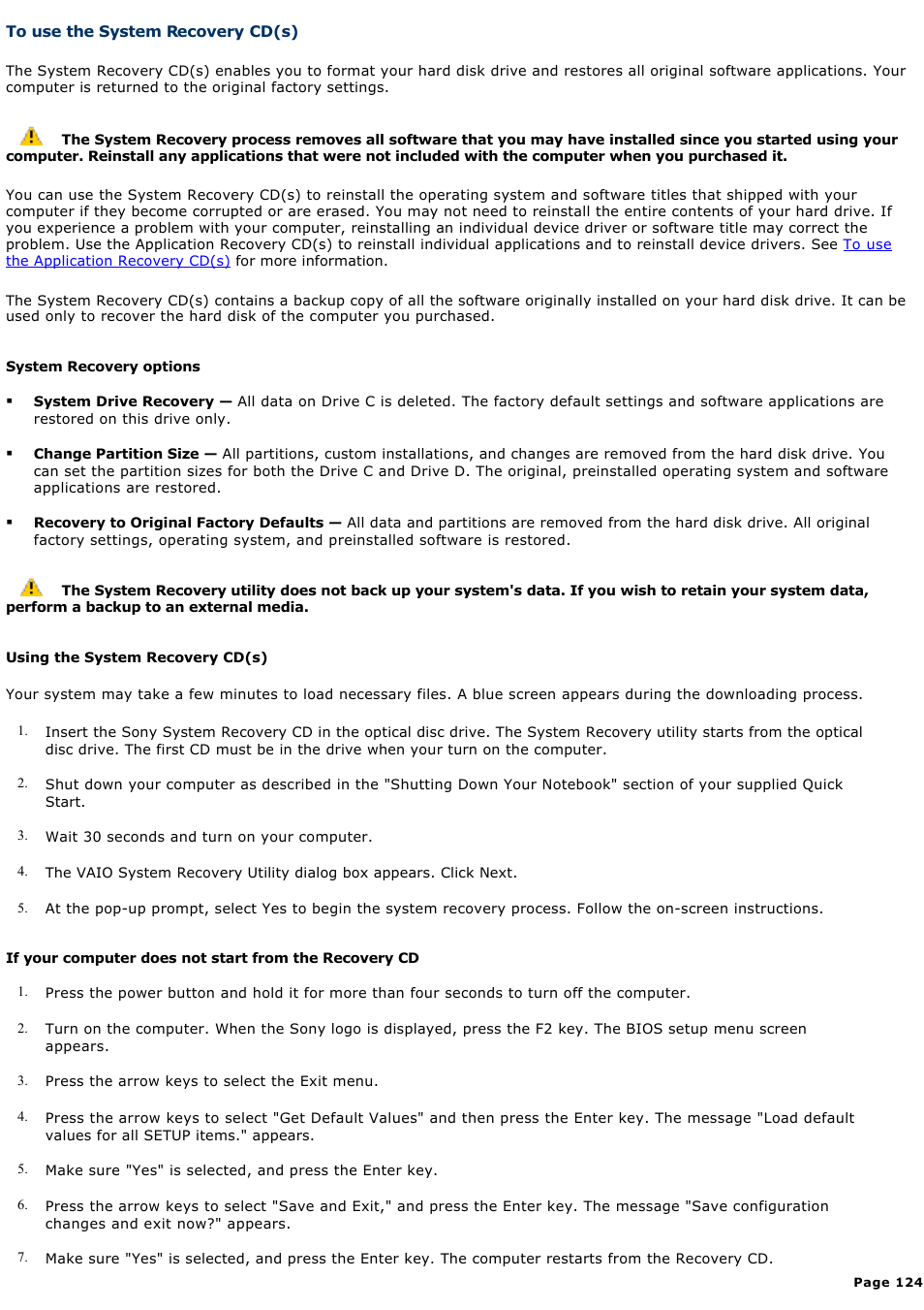 To use the system recovery cd(s) | Sony PCG-VX88 User Manual | Page 124 / 184