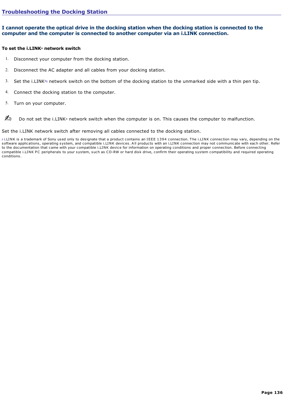 Troubleshooting the docking station | Sony PCG-VX88 User Manual | Page 136 / 184