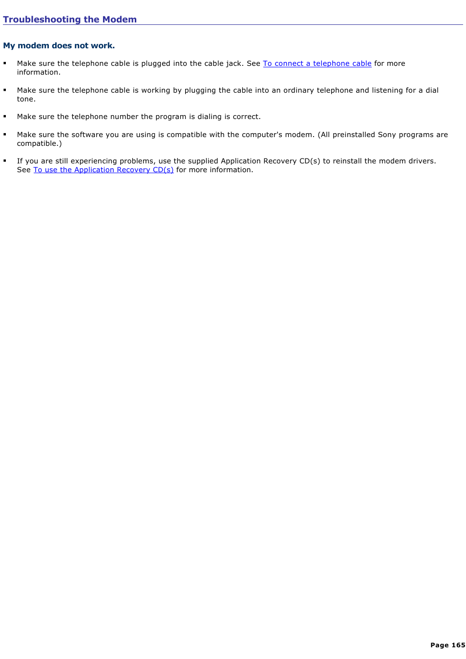 Troubleshooting the modem | Sony PCG-VX88 User Manual | Page 165 / 184