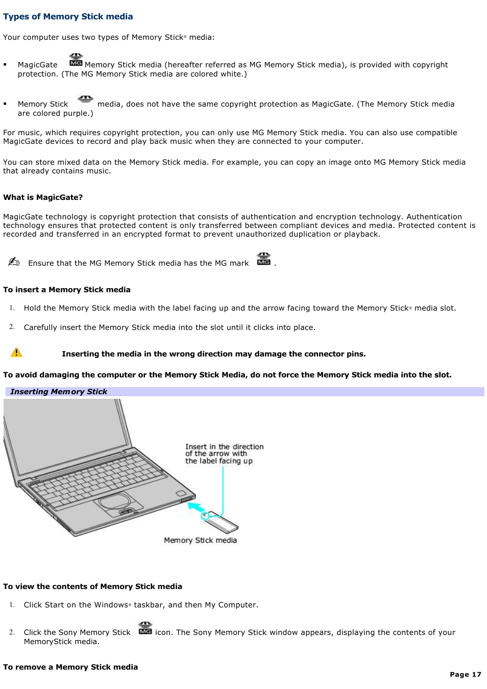 Types of memory stick media | Sony PCG-VX88 User Manual | Page 17 / 184