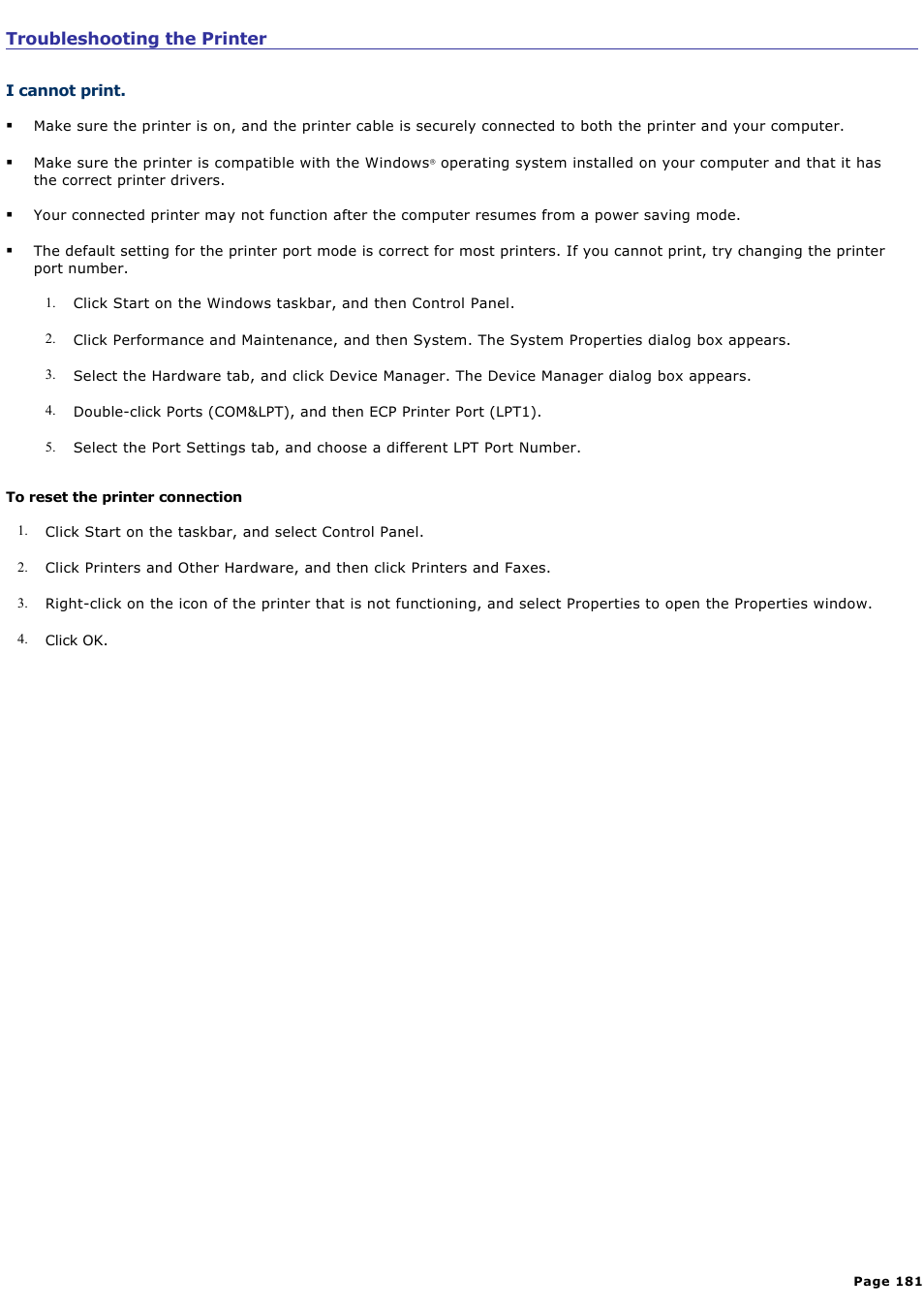 Troubleshooting the printer | Sony PCG-VX88 User Manual | Page 181 / 184