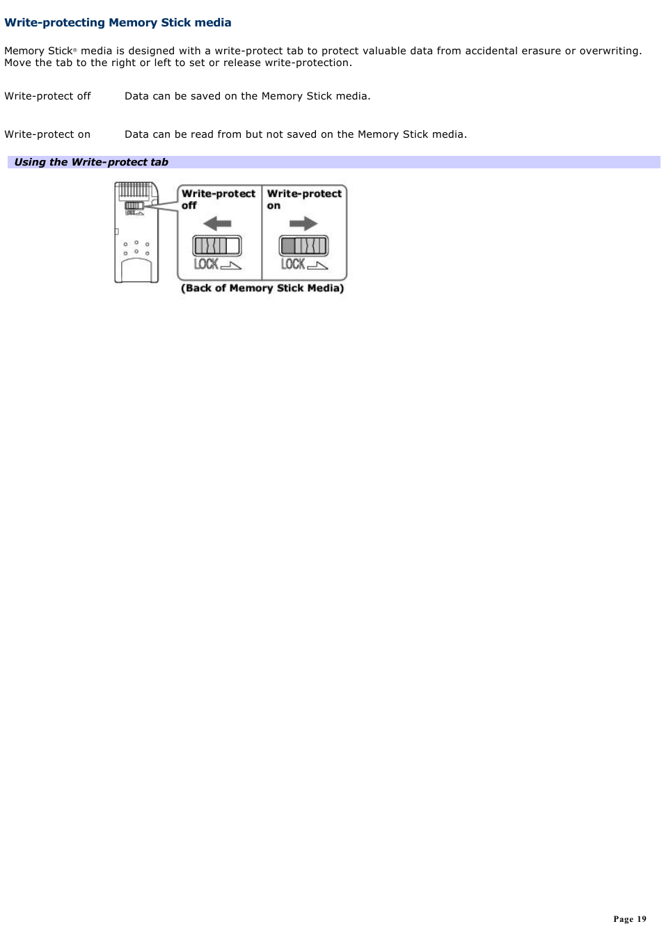 Write-protecting memory stick media | Sony PCG-VX88 User Manual | Page 19 / 184