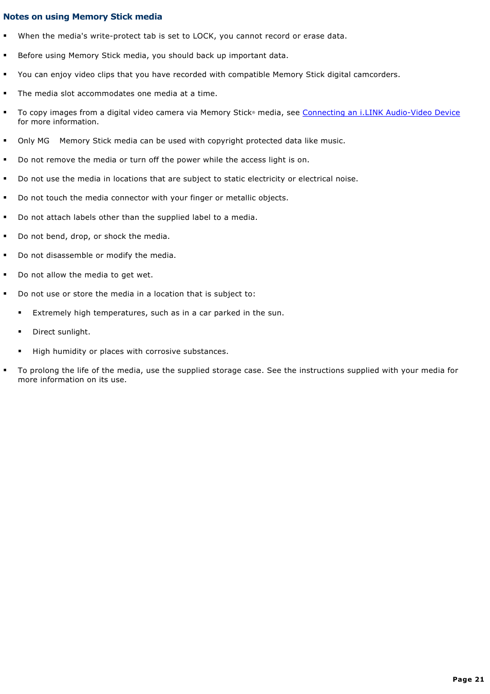 Notes on using memory stick media | Sony PCG-VX88 User Manual | Page 21 / 184