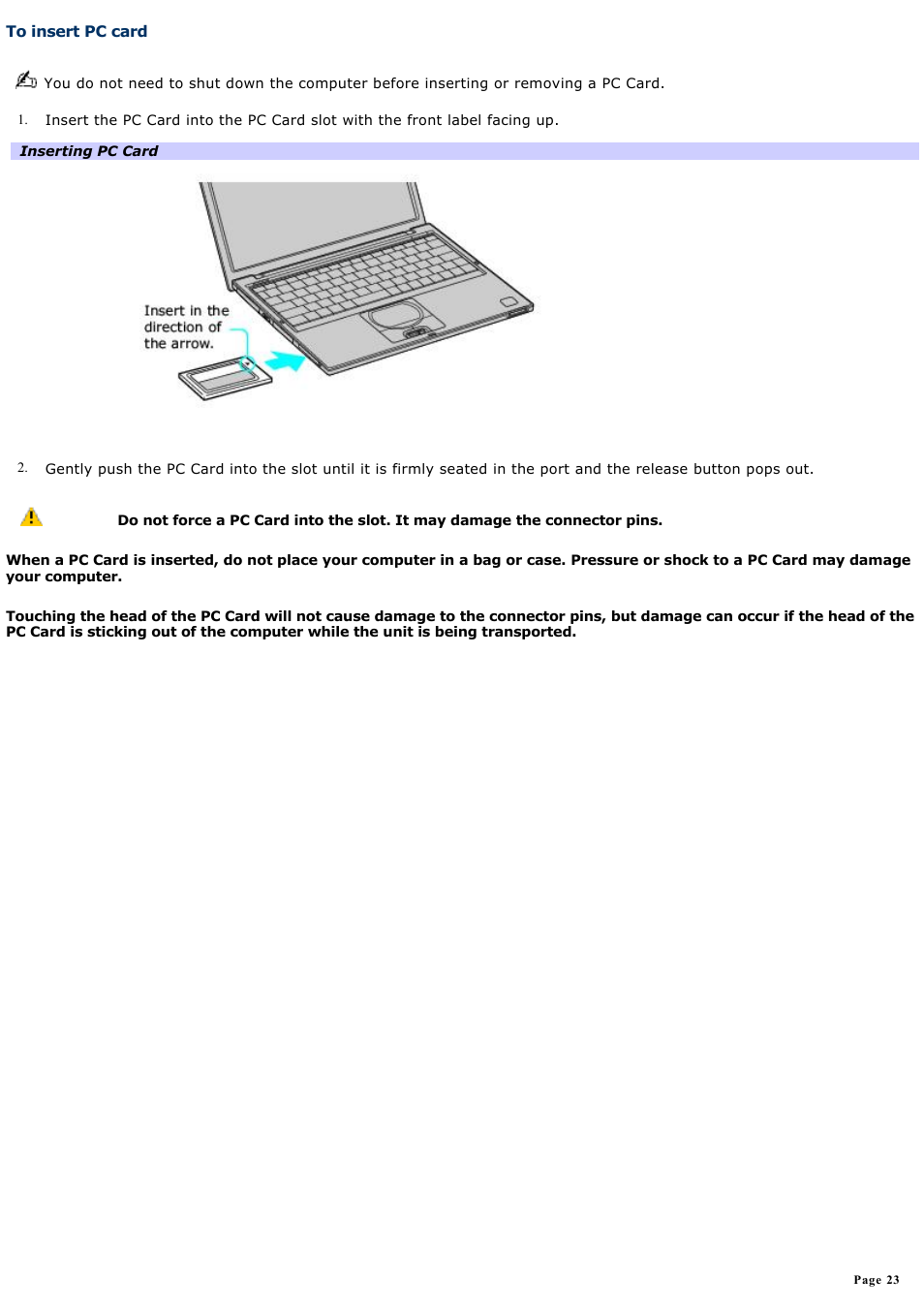 To insert pc card | Sony PCG-VX88 User Manual | Page 23 / 184