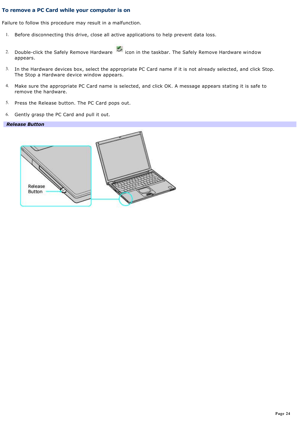 To remove a pc card while your computer is on | Sony PCG-VX88 User Manual | Page 24 / 184