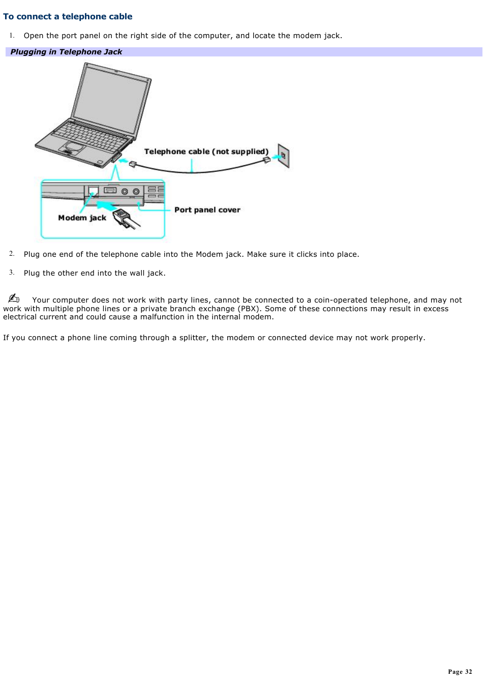 To connect a telephone cable | Sony PCG-VX88 User Manual | Page 32 / 184