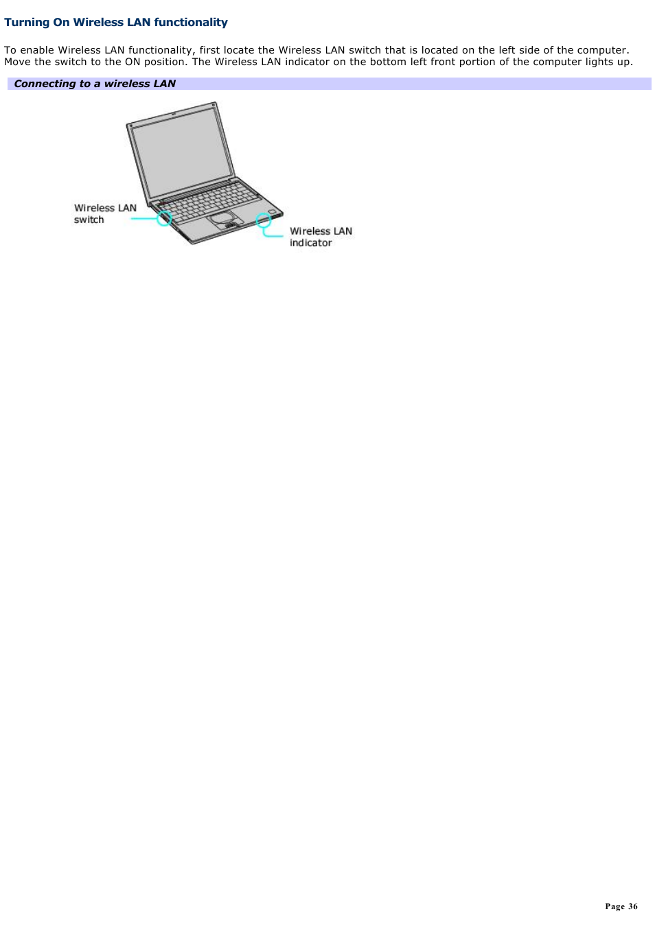 Turning on wireless lan functionality | Sony PCG-VX88 User Manual | Page 36 / 184