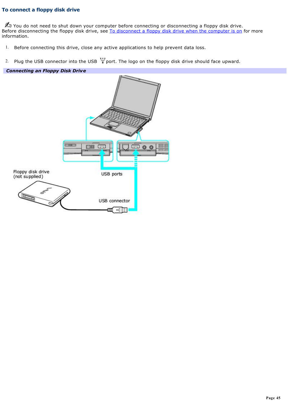 To connect a floppy disk drive | Sony PCG-VX88 User Manual | Page 45 / 184