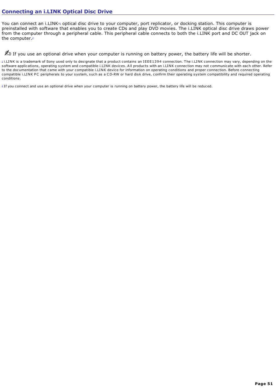 Connecting an i.link optical disc drive | Sony PCG-VX88 User Manual | Page 51 / 184