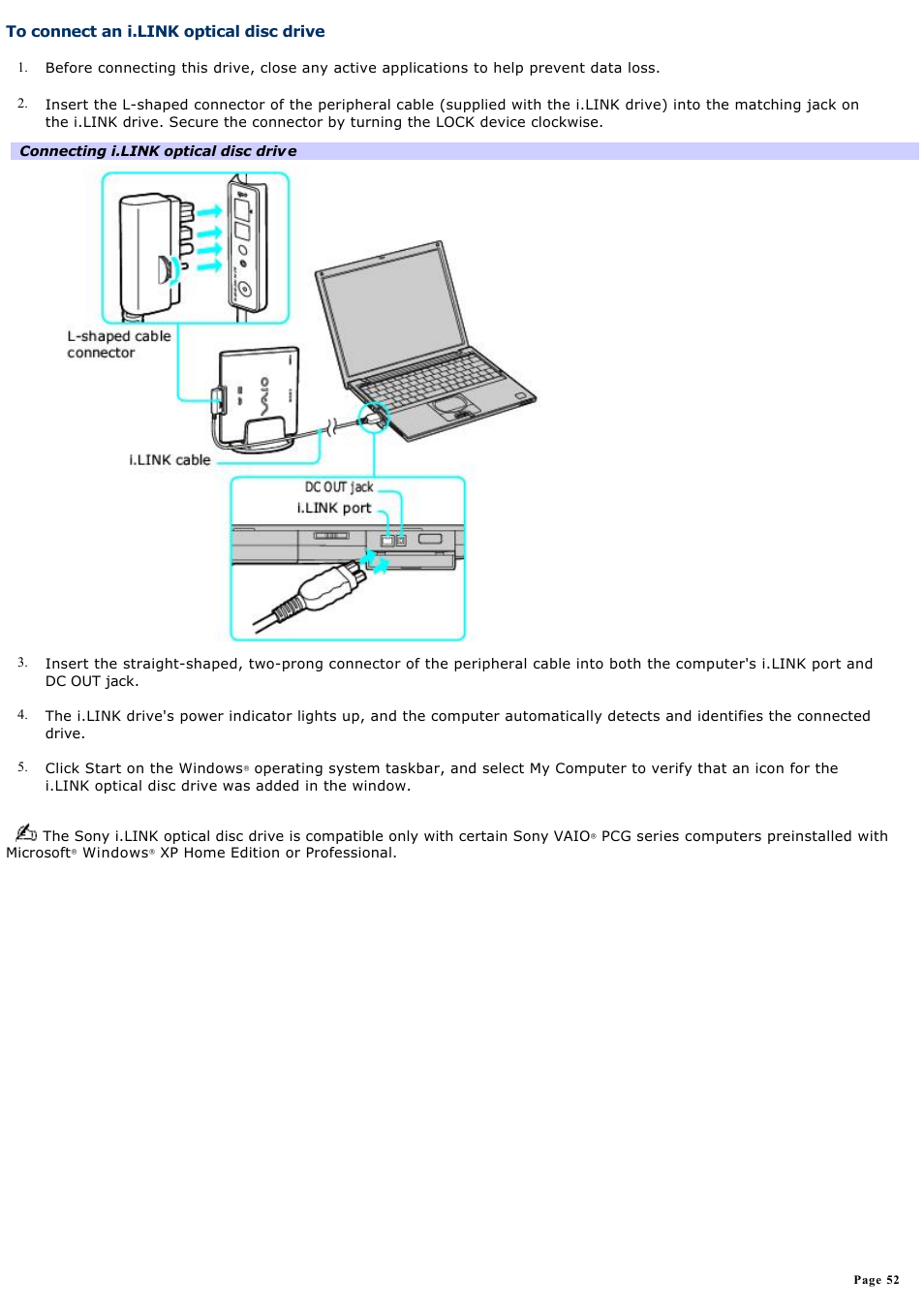 To connect an i.link optical disc drive | Sony PCG-VX88 User Manual | Page 52 / 184