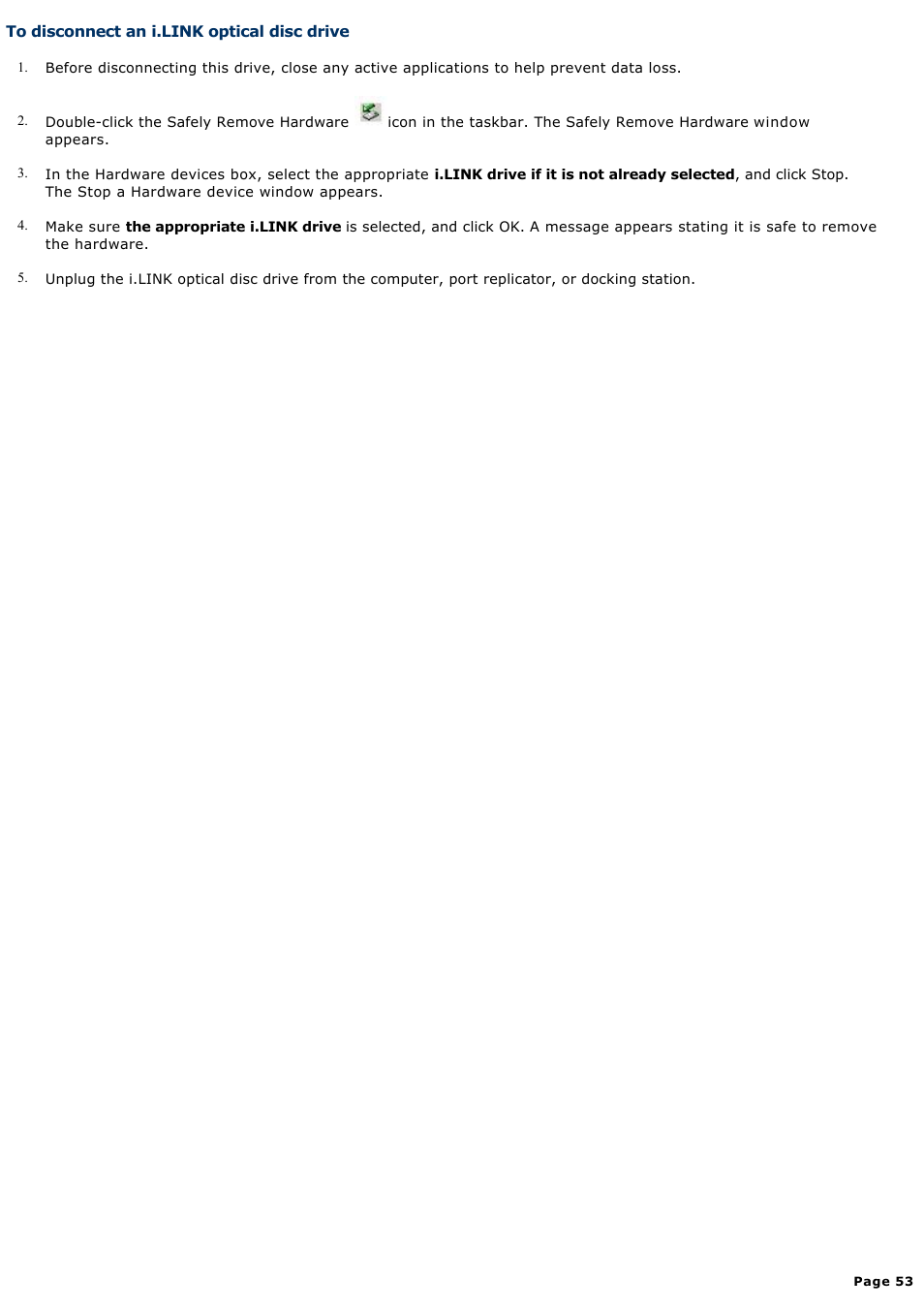 To disconnect an i.link optical disc drive | Sony PCG-VX88 User Manual | Page 53 / 184