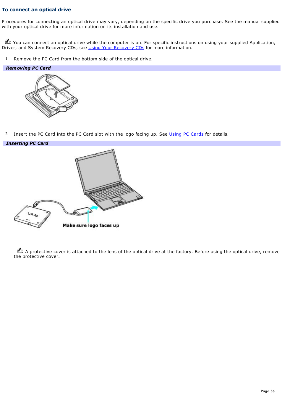 To connect an optical drive | Sony PCG-VX88 User Manual | Page 56 / 184