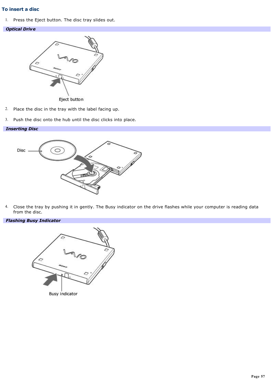 To insert a disc | Sony PCG-VX88 User Manual | Page 57 / 184