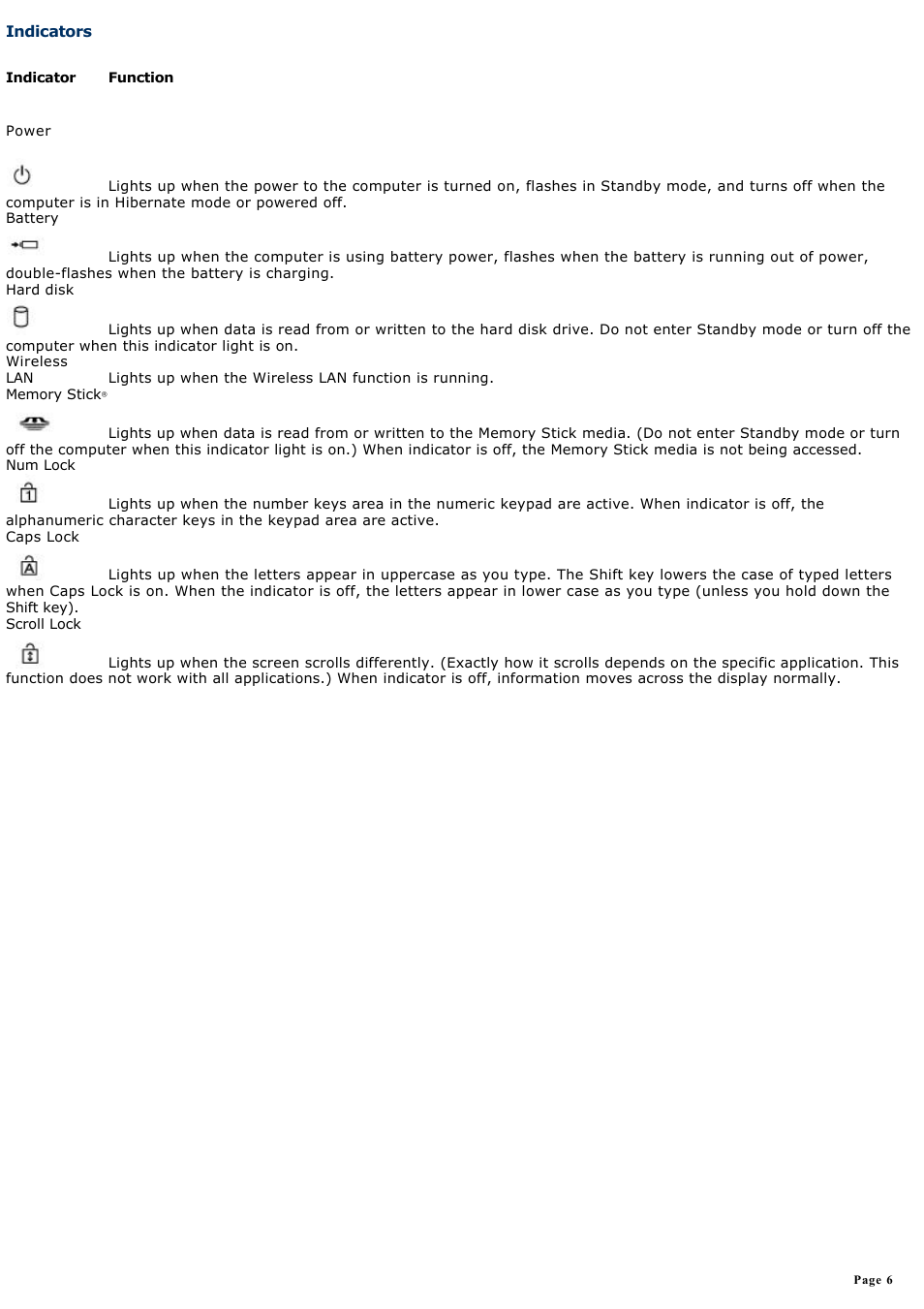 Indicators | Sony PCG-VX88 User Manual | Page 6 / 184