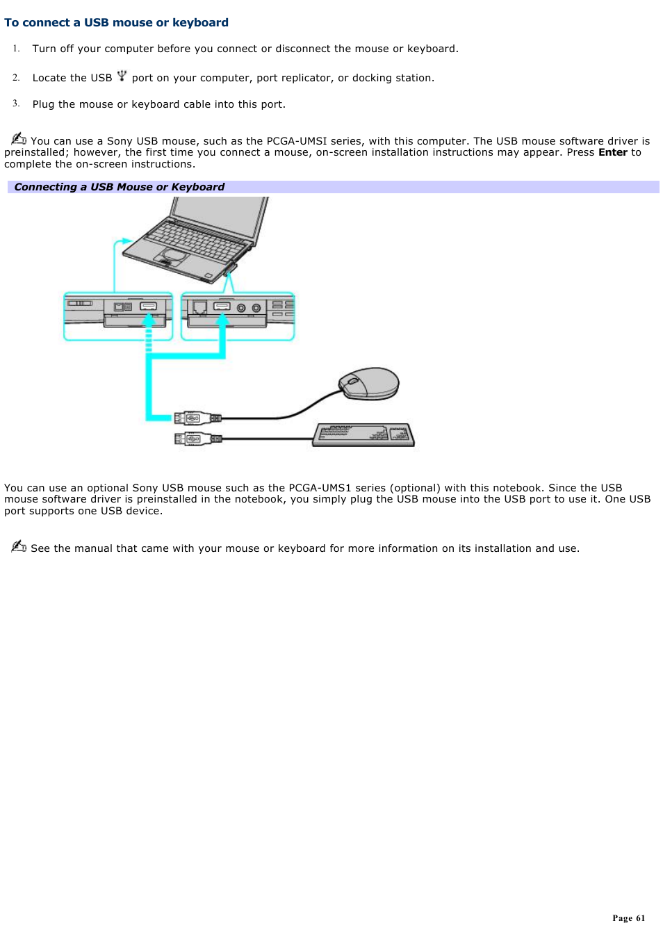 To connect a usb mouse or keyboard | Sony PCG-VX88 User Manual | Page 61 / 184