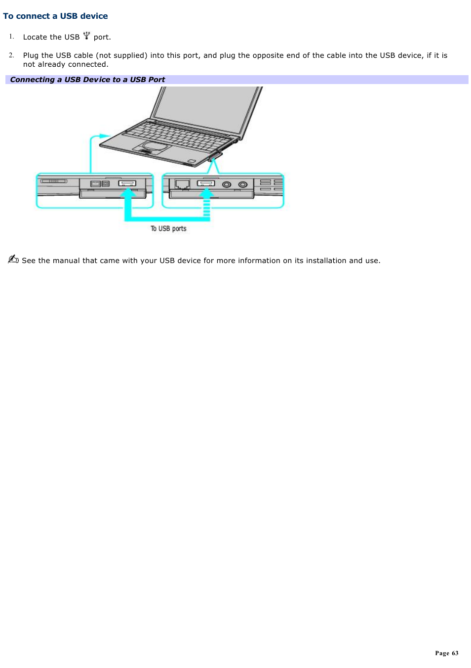 To connect a usb device | Sony PCG-VX88 User Manual | Page 63 / 184