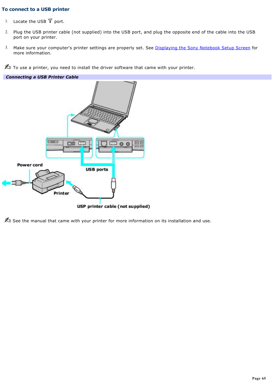 To connect to a usb printer | Sony PCG-VX88 User Manual | Page 65 / 184